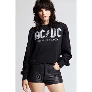 Recycled Karma AC/DC Back In Black Tour Long Puff Sleeve Shirt Top Crop Tee Sz M